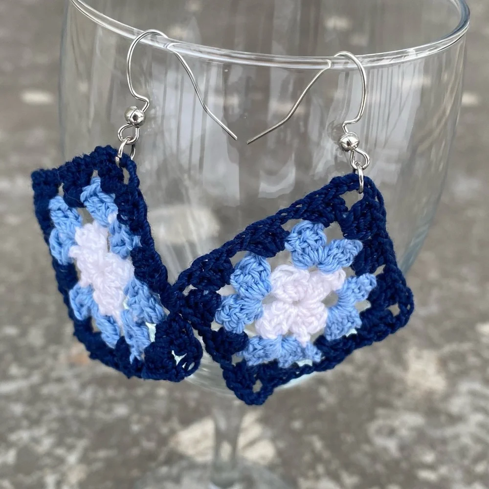 Blue Crochet Granny Square Earrings - Picture 5 of 7